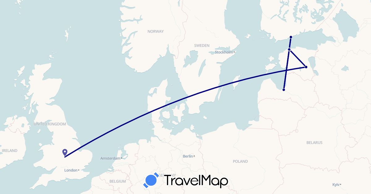 TravelMap itinerary: driving in Estonia, Finland, United Kingdom, Latvia (Europe)